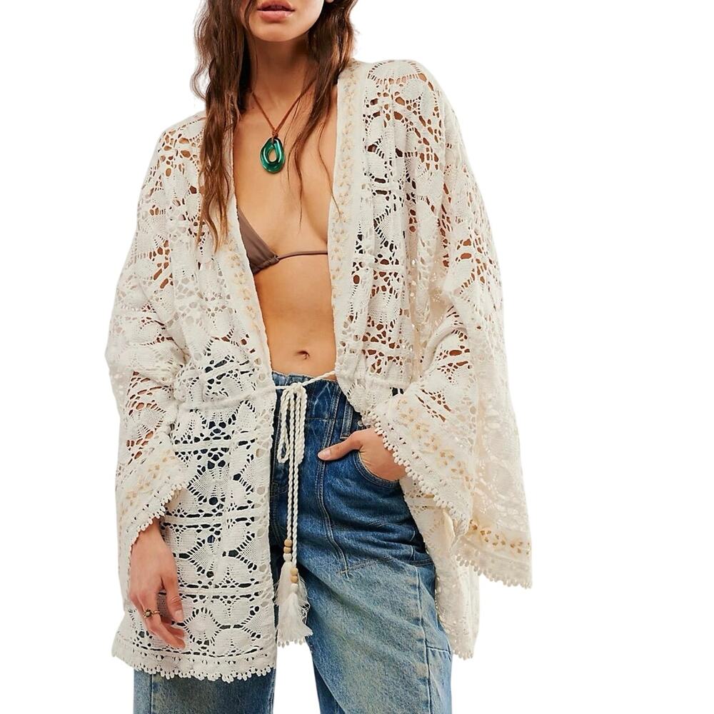 FREE PEOPLE Bell Sleeve Lace Duster in Ivory, One Size, New with Tag MSRP $128